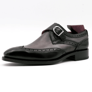 Men’s Handmade Wingtip Single Monk Strap Shoes – Full Grain Calf Leather Patina Dress Shoes | Black & Grey