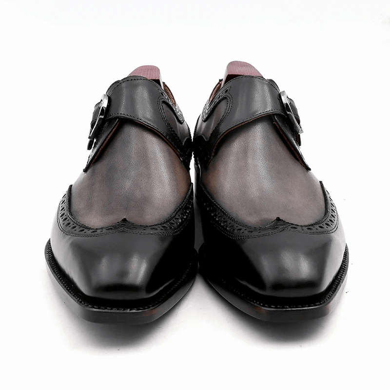 Men’s Handmade Wingtip Single Monk Strap Shoes – Full Grain Calf Leather Patina Dress Shoes | Black & Grey - Image 3
