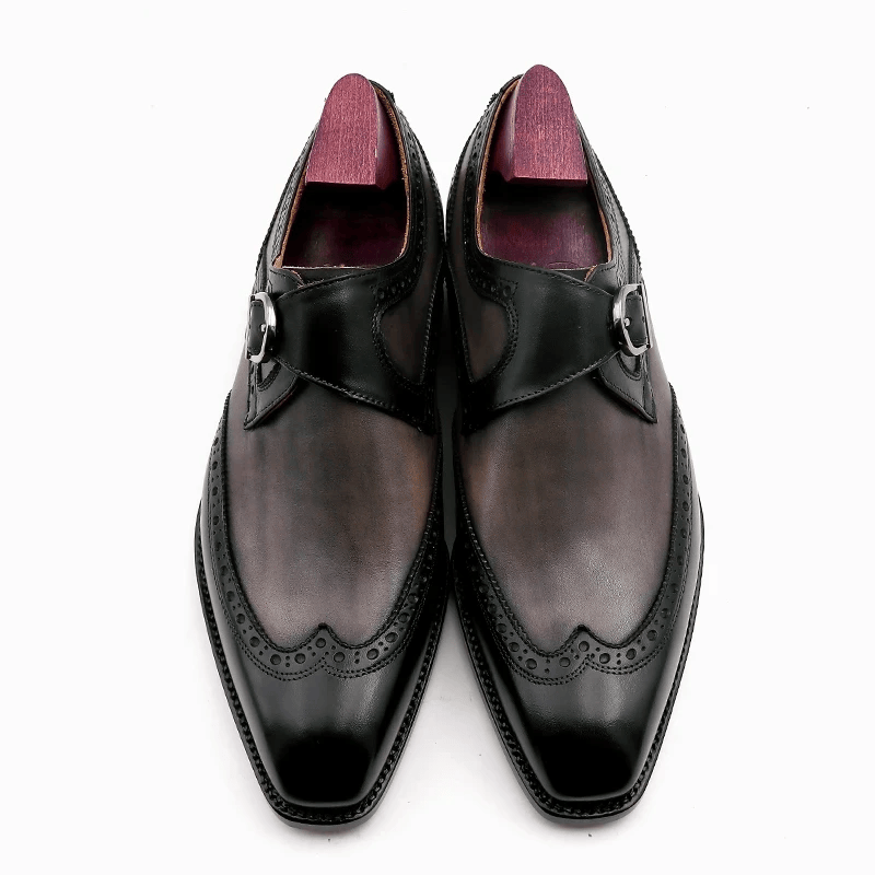 Men’s Handmade Wingtip Single Monk Strap Shoes – Full Grain Calf Leather Patina Dress Shoes | Black & Grey - Image 4