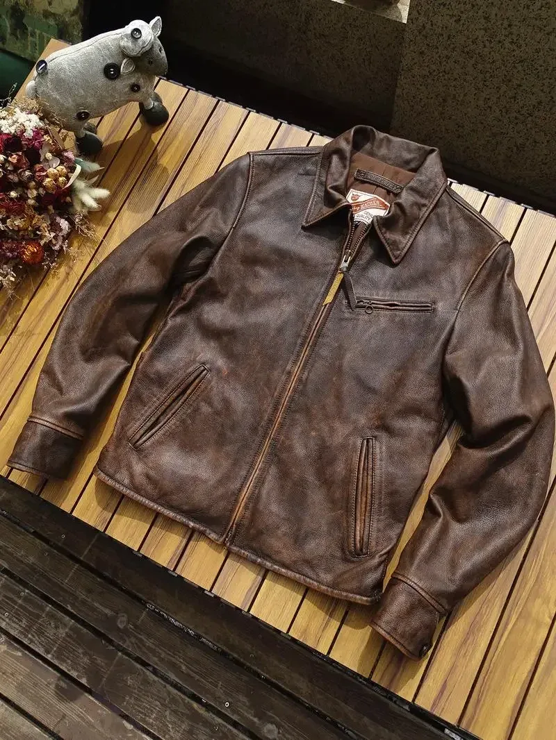 Vintage American Leather Jacket β 1930s Enfield Style, Heavy Wash Bengal Tea-Core