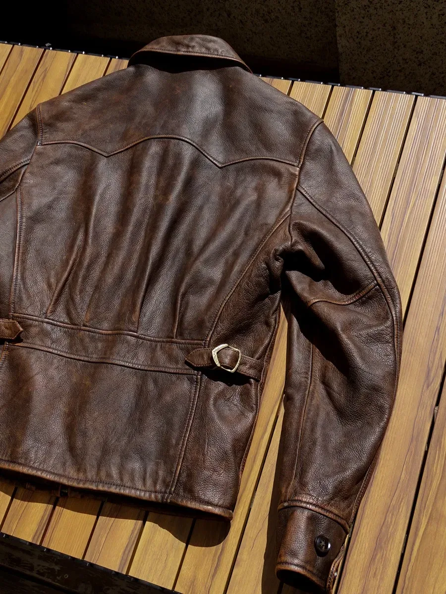 Vintage American Leather Jacket β 1930s Enfield Style, Heavy Wash Bengal Tea-Core - Image 4