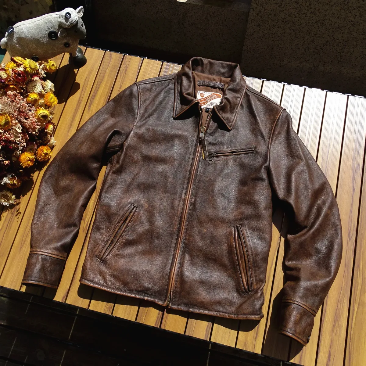Vintage American Leather Jacket β 1930s Enfield Style, Heavy Wash Bengal Tea-Core - Image 6