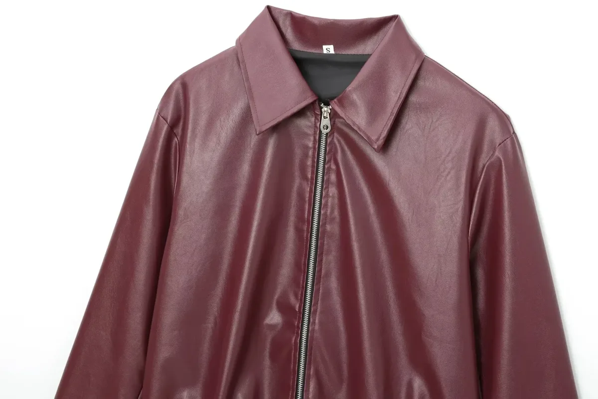 Women’s Wine Red PU Leather Jacket – Thick Lapel Zipper Coat, Autumn Winter Streetwear - Image 2