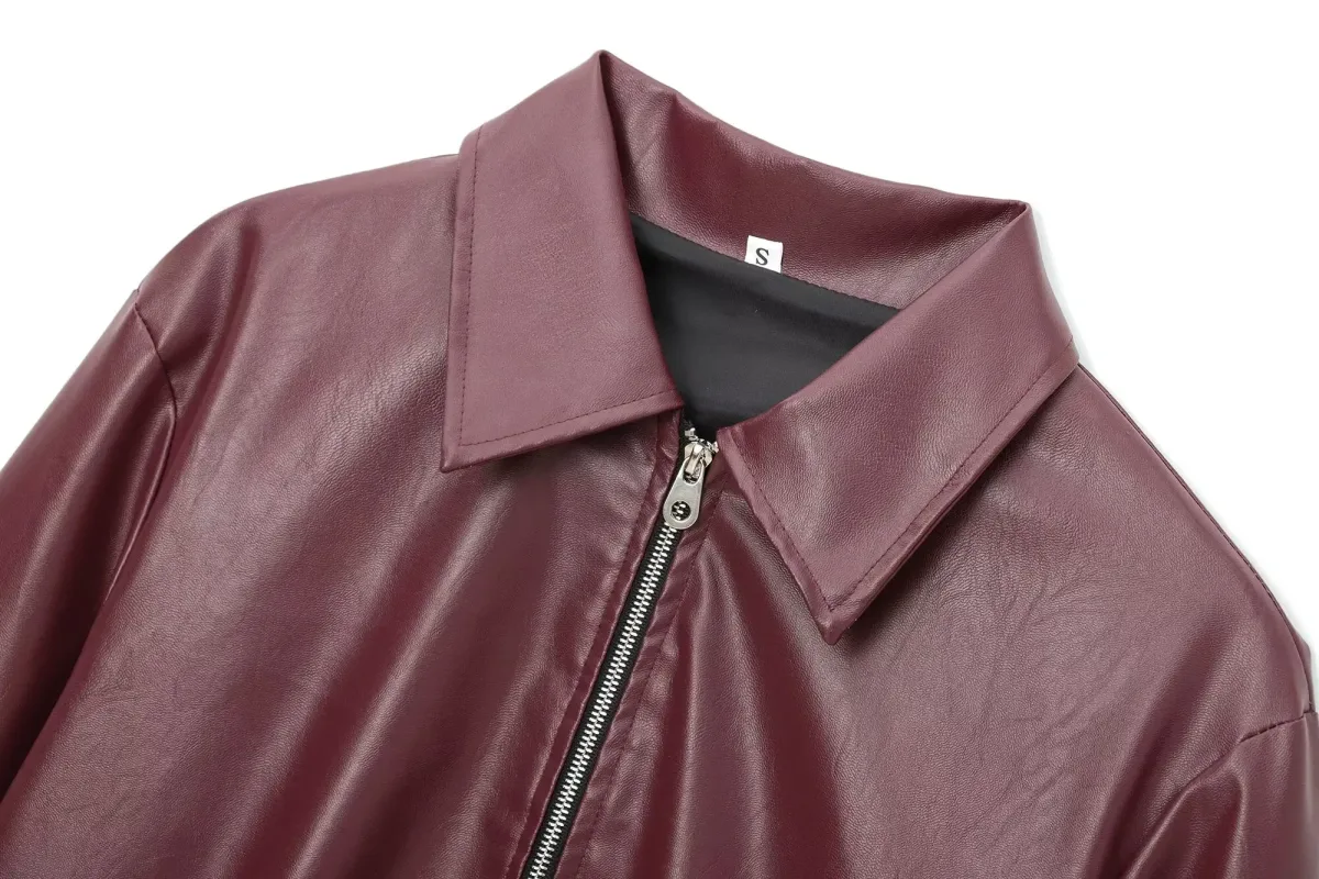 Women’s Wine Red PU Leather Jacket – Thick Lapel Zipper Coat, Autumn Winter Streetwear - Image 3