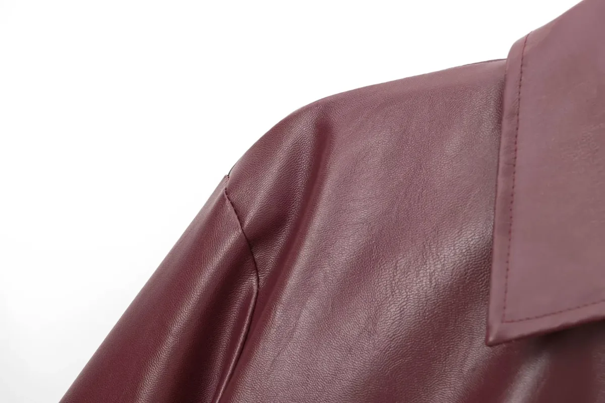 Women’s Wine Red PU Leather Jacket – Thick Lapel Zipper Coat, Autumn Winter Streetwear - Image 5
