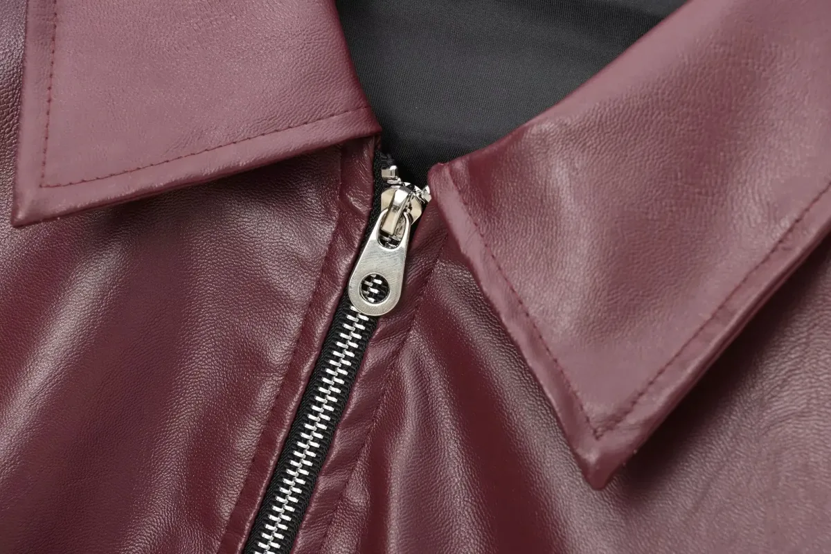 Women’s Wine Red PU Leather Jacket – Thick Lapel Zipper Coat, Autumn Winter Streetwear - Image 4