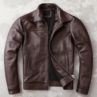 Slim Fit Cowhide Leather Jacket for Men – Genuine Leather, Casual Spring/Autumn Style