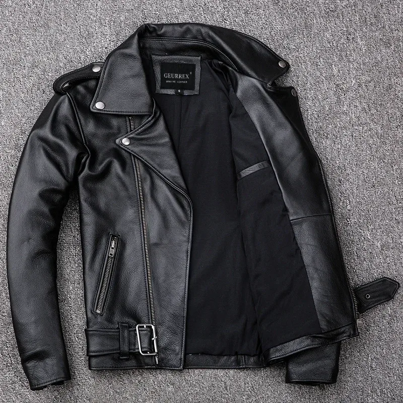 Men’s Natural Calfskin Leather Motorcycle Jacket – Slim Fit, Thick Cowhide, Spring Fashion - Image 3