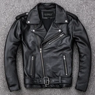 Men’s Natural Calfskin Leather Motorcycle Jacket – Slim Fit, Thick Cowhide, Spring Fashion