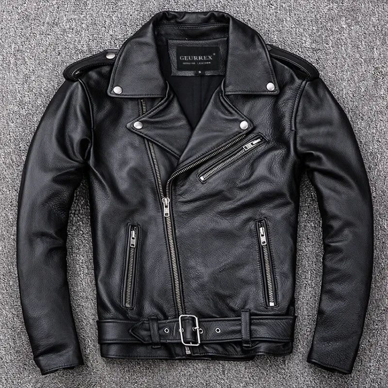 Men’s Natural Calfskin Leather Motorcycle Jacket – Slim Fit, Thick Cowhide, Spring Fashion