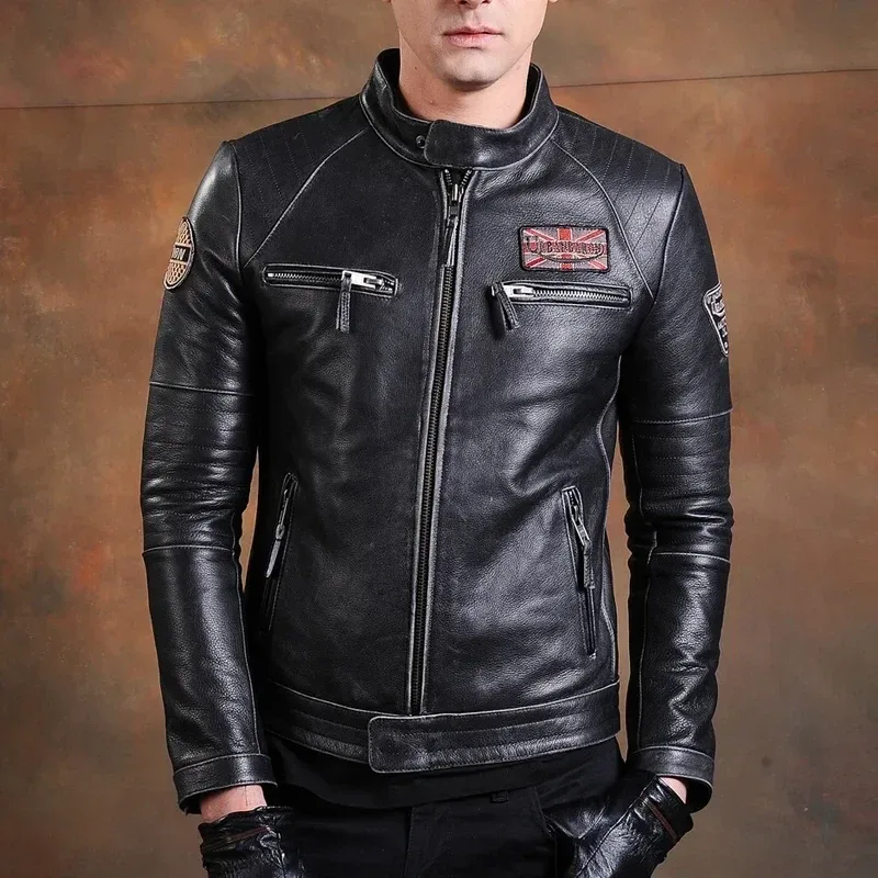 Men’s 100% Real Cowhide Leather Jacket – Slim Fit Vintage Biker Style - Image 2