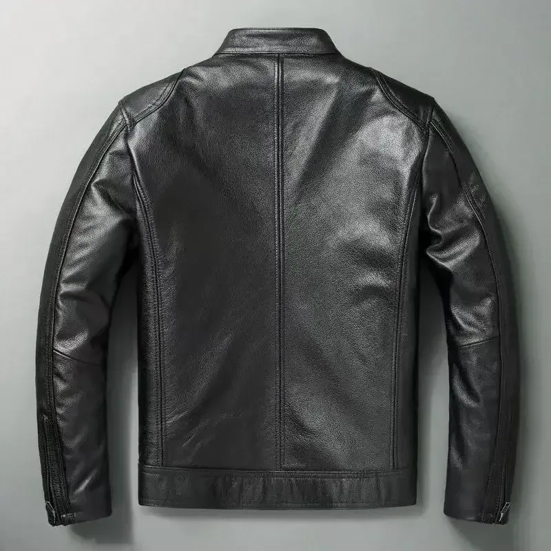 Men’s Real Leather Jacket – Cowhide Slim Fit, Stand Collar, Autumn Winter Biker Style