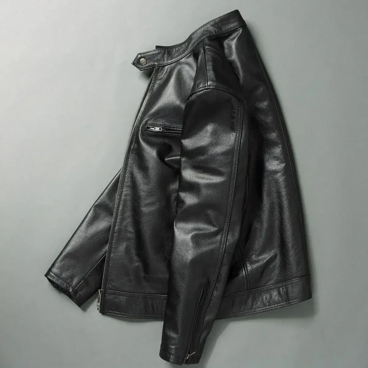 Men’s Real Leather Jacket – Cowhide Slim Fit, Stand Collar, Autumn Winter Biker Style - Image 3