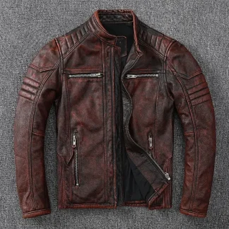 Men’s Vintage Motorcycle Jacket – 100% Genuine Cowhide Leather Biker Coat