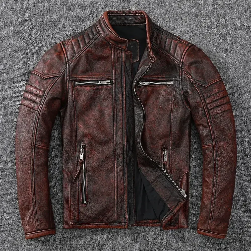 Men’s Vintage Motorcycle Jacket – 100% Genuine Cowhide Leather Biker Coat