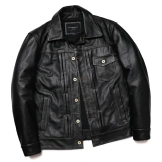 Classic 506 Denim-Inspired Leather Jacket – Genuine Cowhide, High Quality