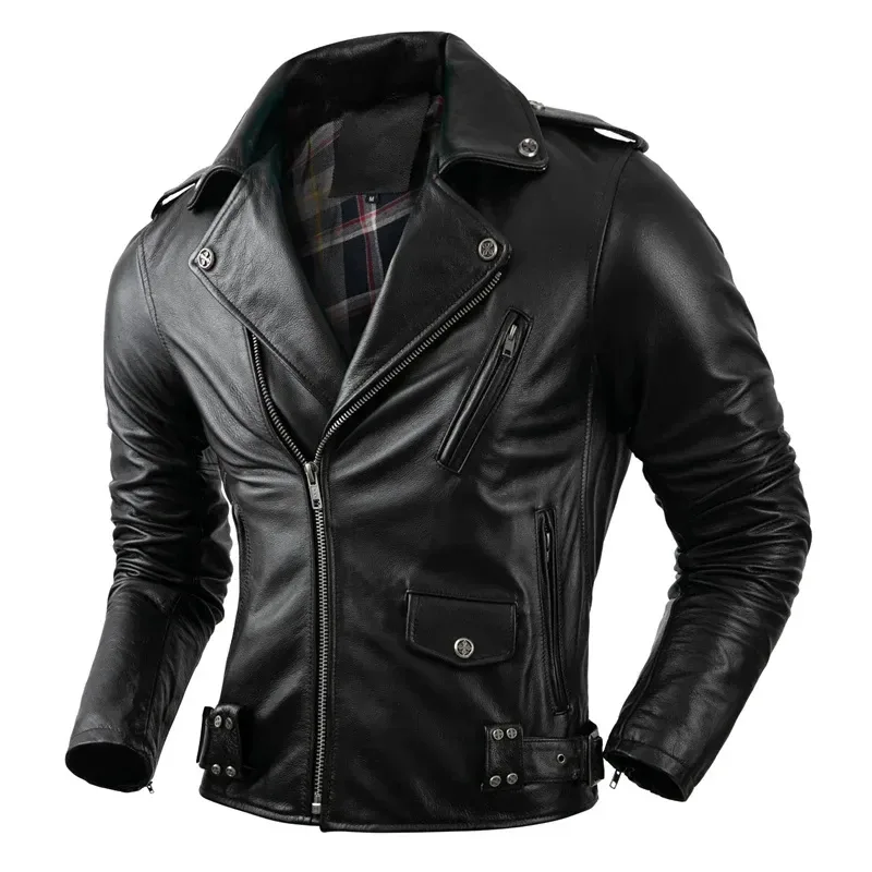 Men’s Real Cowhide Leather Jacket – Motorcycle Biker Style, Casual Autumn Riding Coat
