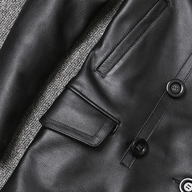 Men’s Real Cowhide Leather Jacket – Mid-Length Slim Fit Double-Breasted Lapel Coat - Image 5