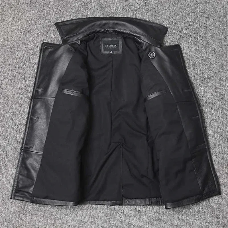 Men’s Real Cowhide Leather Jacket – Mid-Length Slim Fit Double-Breasted Lapel Coat - Image 2