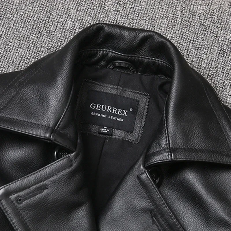 Men’s Real Cowhide Leather Jacket – Mid-Length Slim Fit Double-Breasted Lapel Coat - Image 4