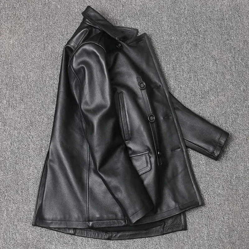 Men’s Real Cowhide Leather Jacket – Mid-Length Slim Fit Double-Breasted Lapel Coat - Image 3