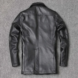 Men’s Real Cowhide Leather Jacket – Mid-Length Slim Fit Double-Breasted Lapel Coat