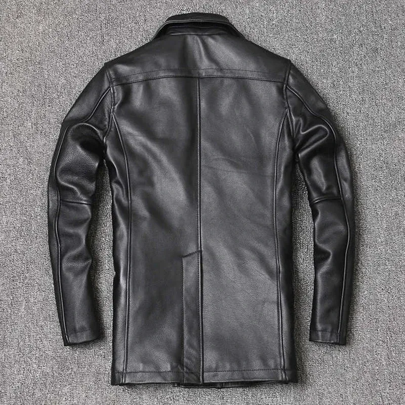 Men’s Real Cowhide Leather Jacket – Mid-Length Slim Fit Double-Breasted Lapel Coat