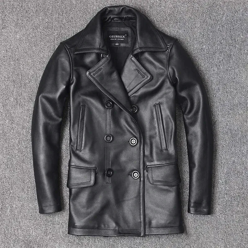 Men’s Real Cowhide Leather Jacket – Mid-Length Slim Fit Double-Breasted Lapel Coat - Image 6