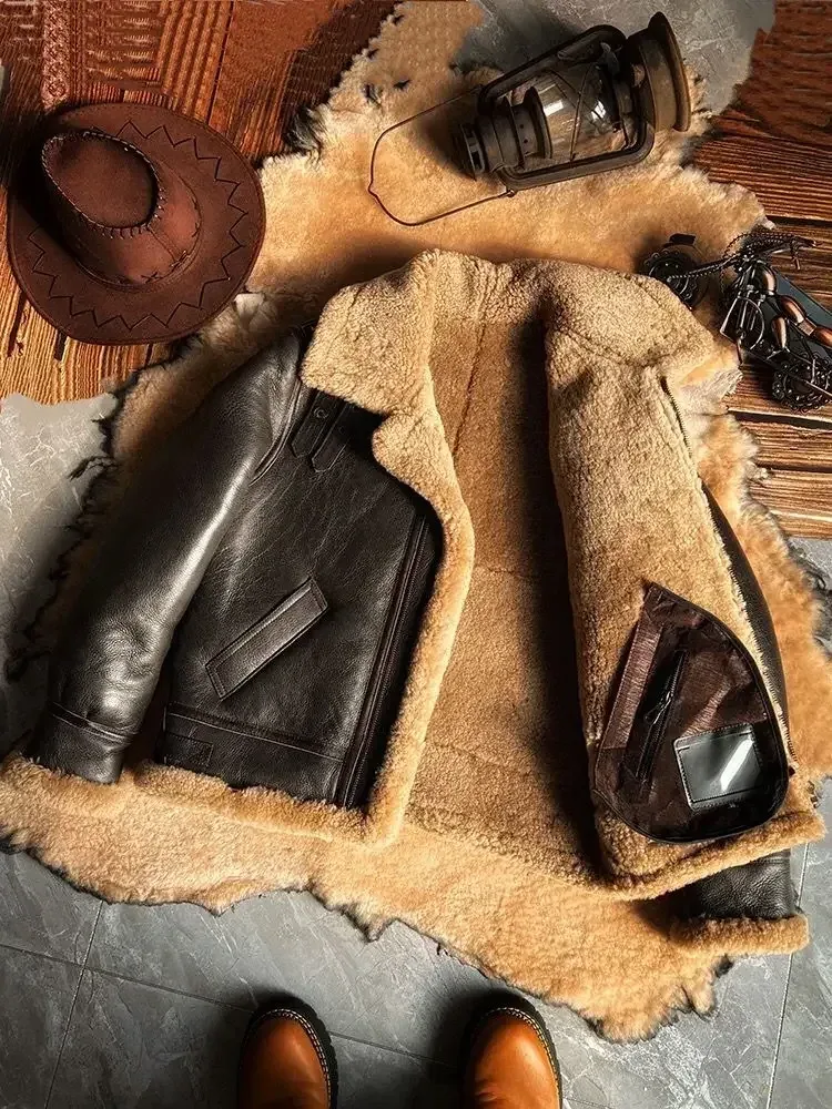 Men’s Real Sheepskin Shearling Jacket – Winter Leather Coat, Plus Size - Image 3