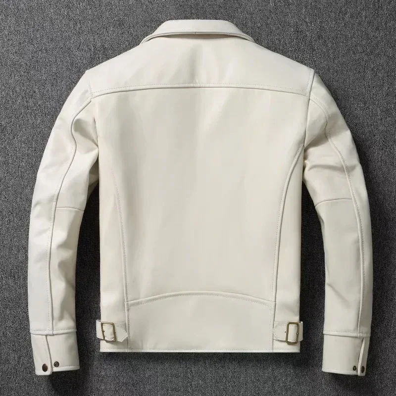 White Calfskin Leather Biker Jacket for Men – Slim Fit Cowhide Coat - Image 2