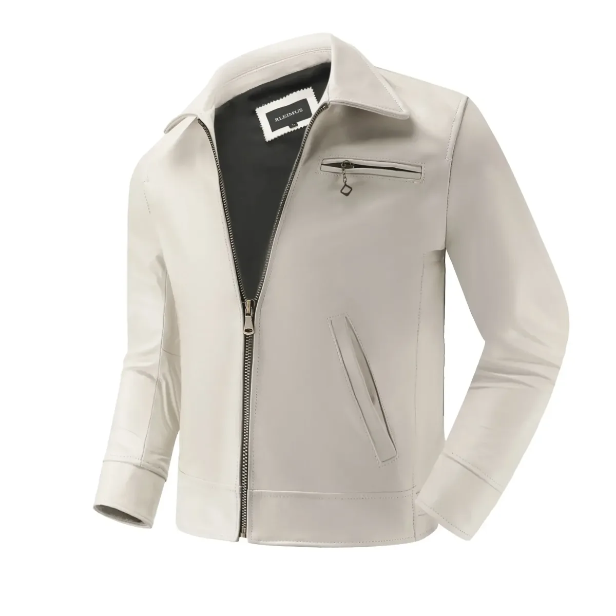 White Calfskin Leather Biker Jacket for Men – Slim Fit Cowhide Coat - Image 7