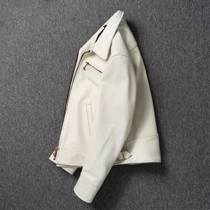 White Calfskin Leather Biker Jacket for Men – Slim Fit Cowhide Coat - Image 4
