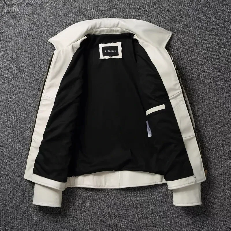 White Calfskin Leather Biker Jacket for Men – Slim Fit Cowhide Coat - Image 3