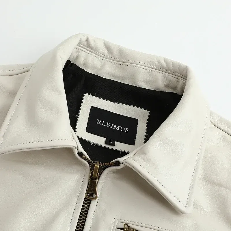White Calfskin Leather Biker Jacket for Men – Slim Fit Cowhide Coat - Image 5