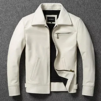 White Calfskin Leather Biker Jacket for Men – Slim Fit Cowhide Coat