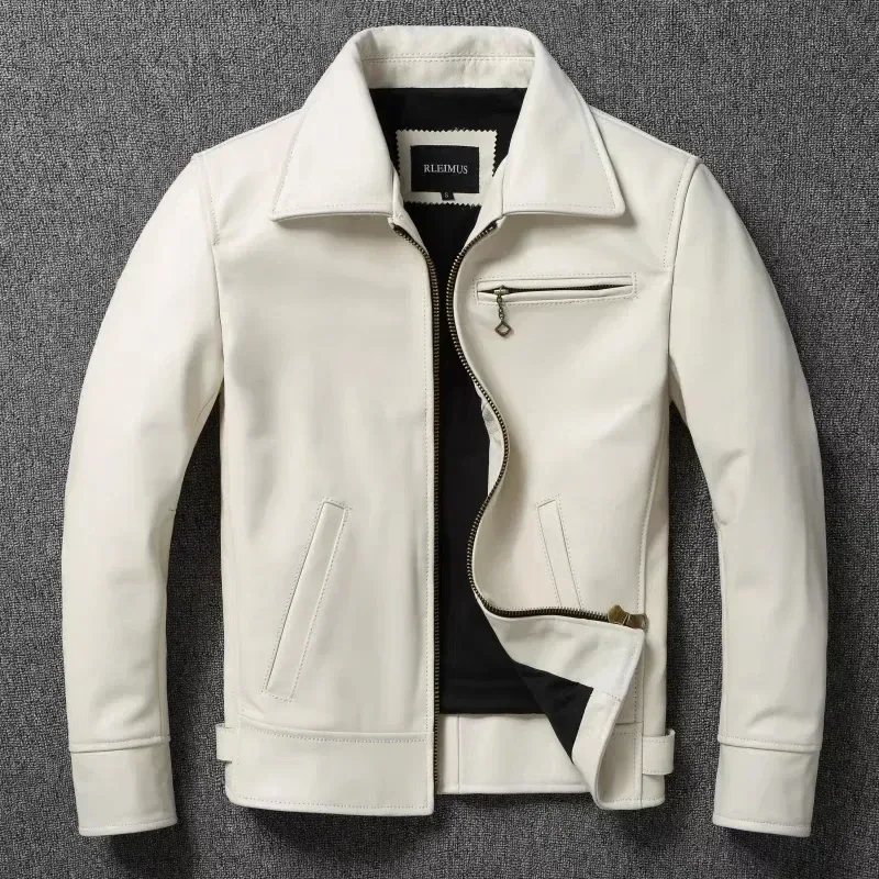 White Calfskin Leather Biker Jacket for Men – Slim Fit Cowhide Coat