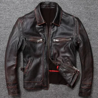 Classic Men’s Genuine Cowhide Leather Jacket – Vintage Style Slim Fit Calfskin Biker Coat