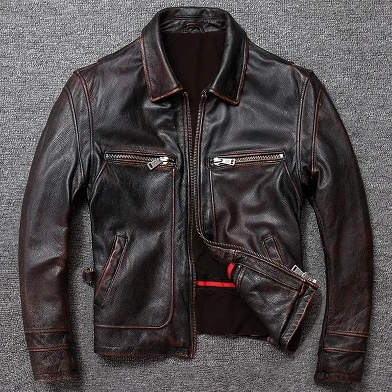 Classic Men’s Genuine Cowhide Leather Jacket – Vintage Style Slim Fit Calfskin Biker Coat