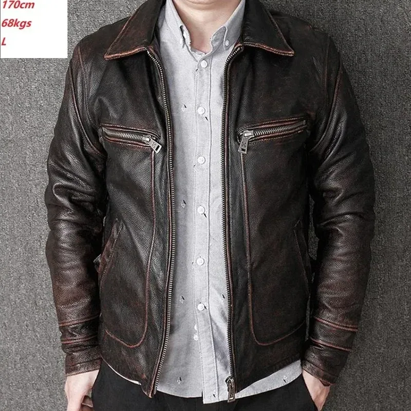 Classic Men’s Genuine Cowhide Leather Jacket – Vintage Style Slim Fit Calfskin Biker Coat - Image 4