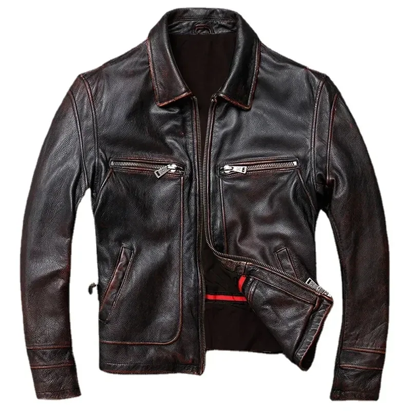 Classic Men’s Genuine Cowhide Leather Jacket – Vintage Style Slim Fit Calfskin Biker Coat - Image 6