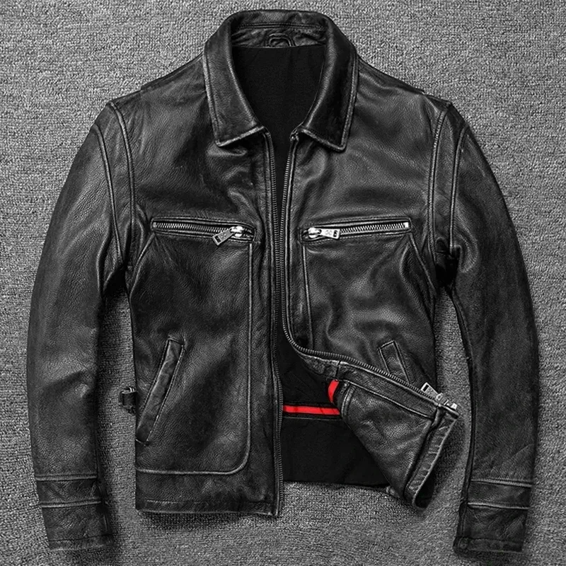 Classic Men’s Genuine Cowhide Leather Jacket – Vintage Style Slim Fit Calfskin Biker Coat - Image 2