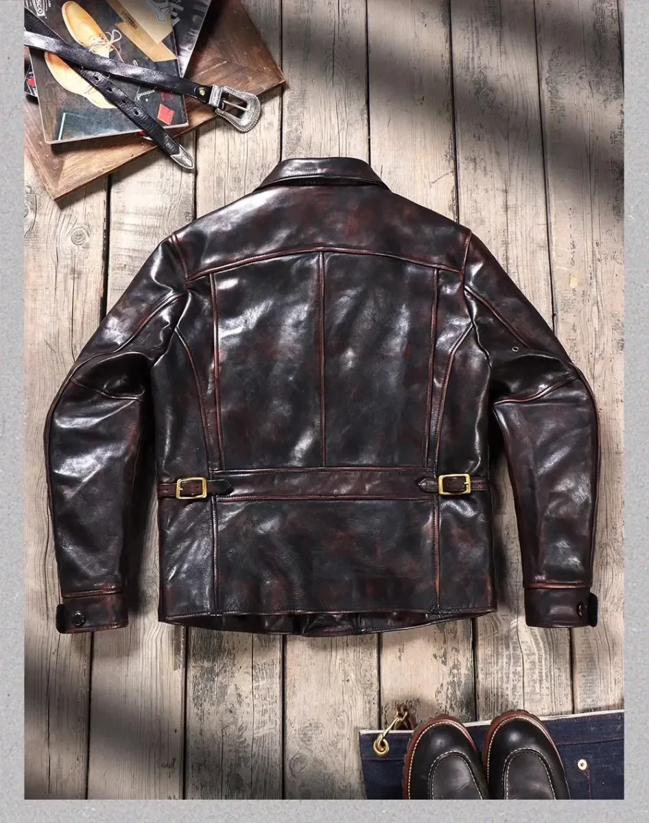 USA Classic Vintage 1940s Car Coat – Luxury Tea Core Horsehide Leather Jacket, Retro Moto Rider Style - Image 2