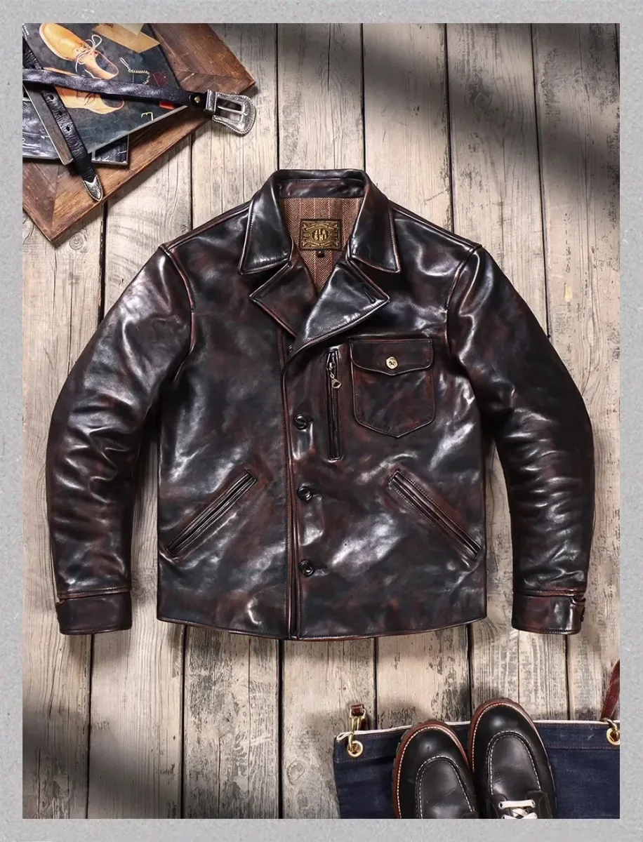USA Classic Vintage 1940s Car Coat – Luxury Tea Core Horsehide Leather Jacket, Retro Moto Rider Style - Image 6