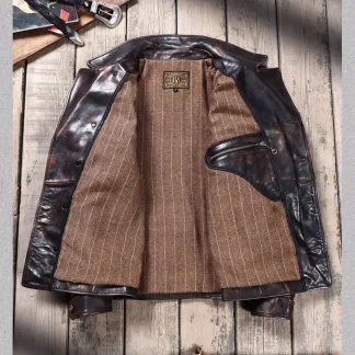 USA Classic Vintage 1940s Car Coat – Luxury Tea Core Horsehide Leather Jacket, Retro Moto Rider Style