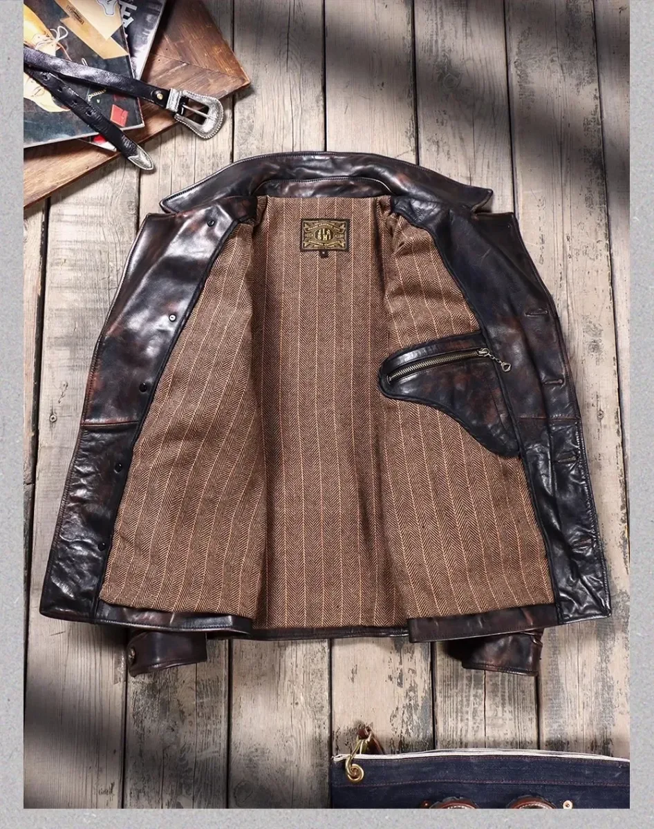 USA Classic Vintage 1940s Car Coat – Luxury Tea Core Horsehide Leather Jacket, Retro Moto Rider Style