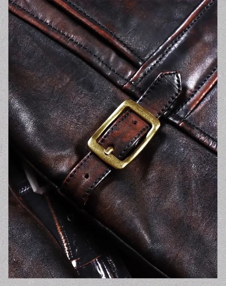 USA Classic Vintage 1940s Car Coat – Luxury Tea Core Horsehide Leather Jacket, Retro Moto Rider Style - Image 3