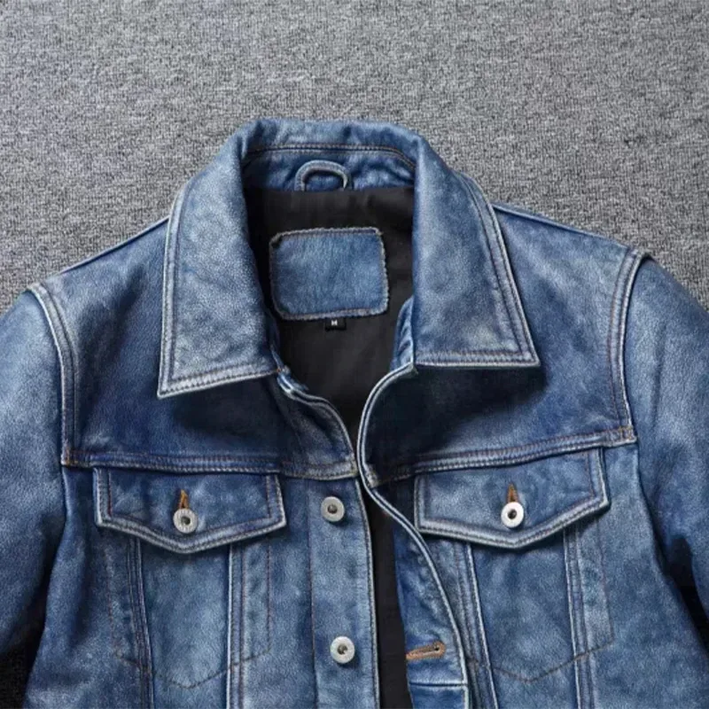 Men’s Retro Motorcycle Leather Jacket – Light Blue Khaki Graphite Distressed Denim Style, Genuine Leather Slim Short Jacket - Image 4