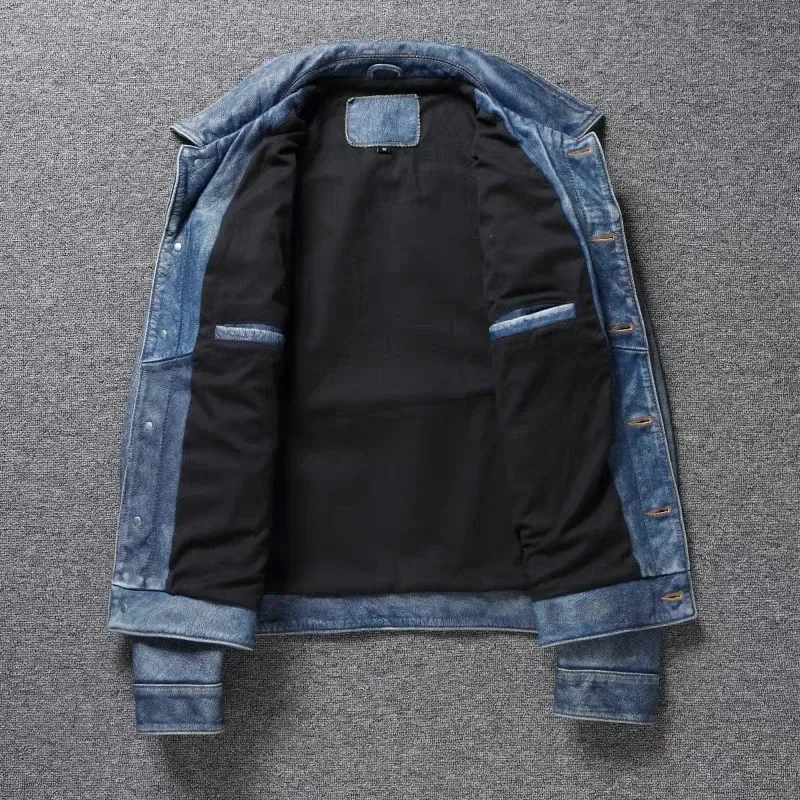 Men’s Retro Motorcycle Leather Jacket – Light Blue Khaki Graphite Distressed Denim Style, Genuine Leather Slim Short Jacket - Image 2