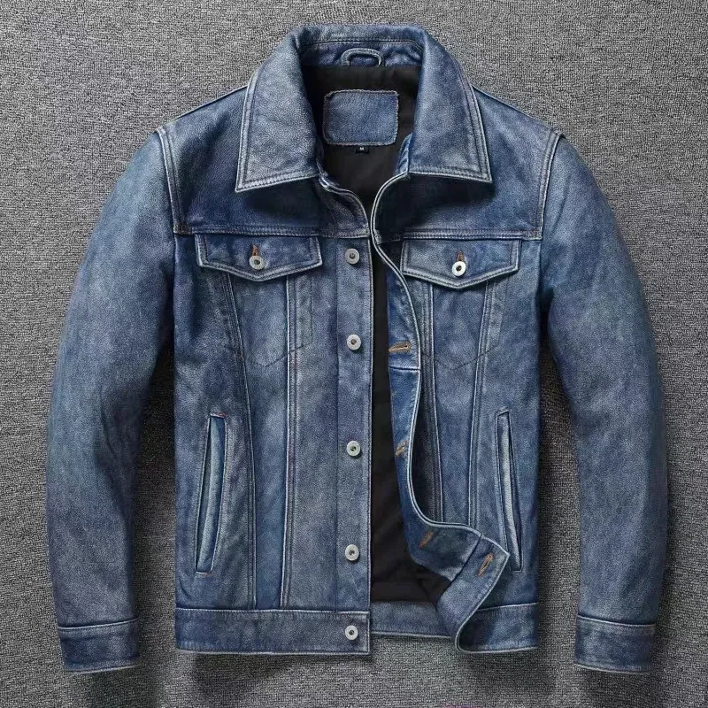 Men’s Retro Motorcycle Leather Jacket – Light Blue Khaki Graphite Distressed Denim Style, Genuine Leather Slim Short Jacket - Image 6