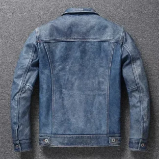 Men’s Retro Motorcycle Leather Jacket – Light Blue Khaki Graphite Distressed Denim Style, Genuine Leather Slim Short Jacket
